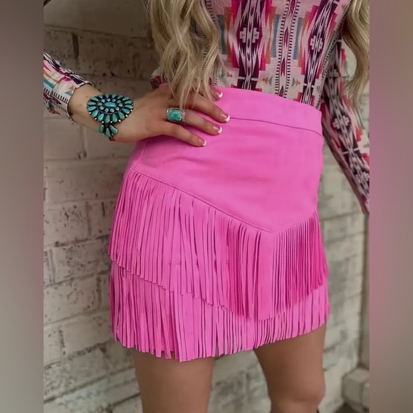 WESTERN Pink Skirt Fringe Faux Suede Leather Mini Boho Style - Picture 1 of 7